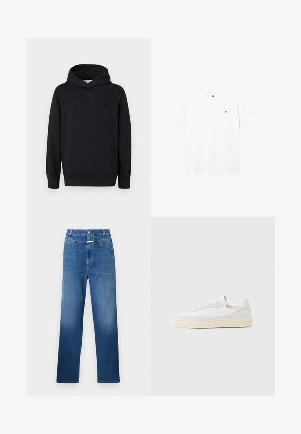 Sweat à capuche noir, tissu doux, design à enfiler, poche kangourou à l'avant, logo "QUARTZ CO" en relief sur la poitrine, poignets et ourlet côtelés.; T-shirt blanc à manches courtes et col rond avec un petit logo circulaire représentant un "W" noir sur la poitrine gauche.; Jean en denim bleu avec une coupe droite, présentant une fermeture à bouton, des passants de ceinture et un léger délavage sur les cuisses.; Baskets blanches avec dessus en daim et cuir texturé. Caractérisées par un bout arrondi, une fermeture à lacets et une semelle en caoutchouc beige contrastante.