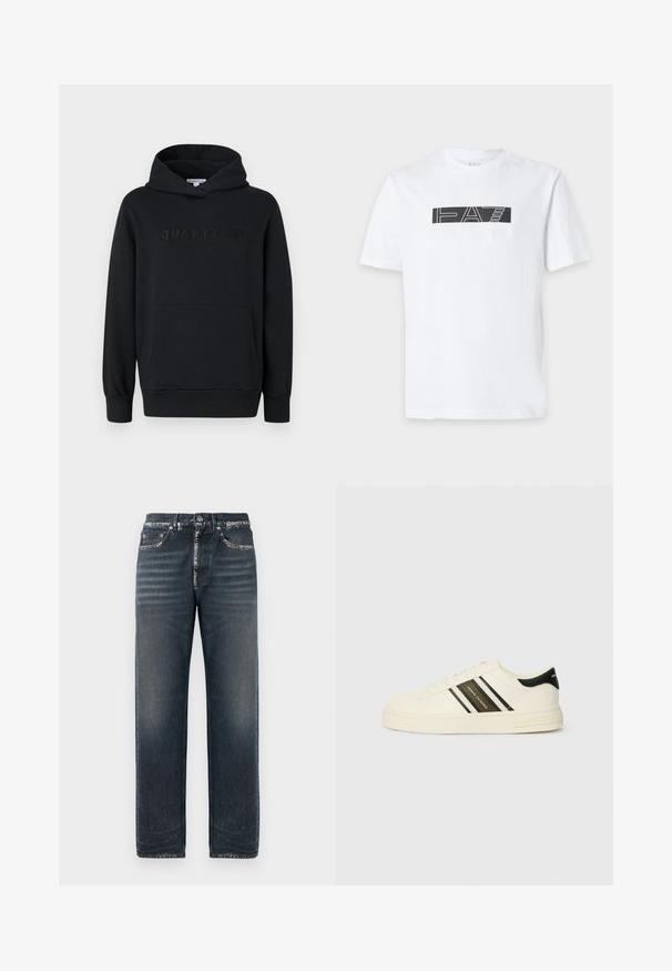 Must mustras, pehme materjal, üle pea tõmmatav disain, eesmine tasku, reljeefne "QUARTZ CO" logo rinnal, soonikkoes varrukad ja äär.; Valge lühikeste varrukatega T-särk, millel on must ristkülikukujuline graafika ja stiilne "EA7" tekst rindkere keskel.; Tumedast sinisest denimist teksased mugava lõikega, millel on õrn kulumine, sirged sääred ja klassikaline viie-tasku disain.; Beež nahast spordijalatsid mustade ja valgete triipudega, ümmarguse toe, lamedate kummitaldade ja logode detailidega külgedel ja kandadel.