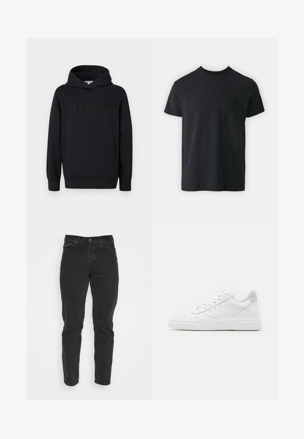 Zwarte hoodie, zachte stof, pullover ontwerp, voorzak in kangoeroestijl, reliëf 'QUARTZ CO' logo op de borst, ribgebreide manchetten en onderkant.; Zwart katoenen T-shirt met korte mouwen, ronde hals en een relaxte pasvorm. Glad textuur en rechte zoom, geen zichtbare graphics of patronen.; Zwarte denim jeans met een recht model, vijf zakken, sluiting met een knop aan de voorkant en contrasterende stiksels. Gladde textuur met lichte slijtage zichtbaar.; Witte leren sneakers met een gladde afwerking, ronde neus, platte veters en een gestructureerde zool. Grijze suède accent bij de hiel.