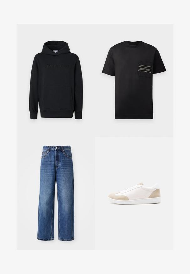 Sort hættetrøje, blødt materiale, pullover-design, frontlomme til hænderne, præget "QUARTZ CO" logo på brystet, ribbede manchetter og kant.; Sort kortærmet t-shirt lavet af bomuld, der har en nærbillede brystlomme med et logo og to vandrette striber i hvid og guld.; Blå denim bredfodsjeans med høj talje, synlig syning, frontlukning med knap og løs pasform, præget af en falmet vask og sidelommer.; Hvid lavtop-sneaker med beige ruskind ved tå og hæl, hvide snørebånd og Valentino-mærke på siden og sålen.