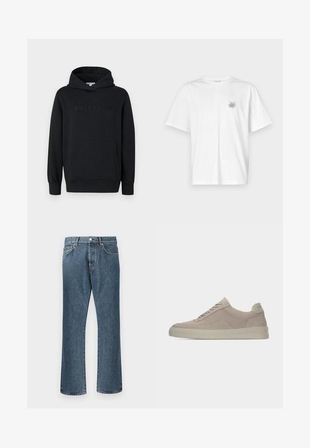 Zwarte hoodie, zachte stof, pullover ontwerp, voorzak in kangoeroestijl, reliëf 'QUARTZ CO' logo op de borst, ribgebreide manchetten en onderkant.; Witte t-shirt van katoen met korte mouwen, een ronde hals, en een klein grijs logo op de linker borstzijde. Soepele textuur.; Blauwe spijkerbroeken met een rechte pijp, uitgerust met een klassieke knoop- en rits sluiting, vijf zakken en subtiele vervaging.; Beige suède sneakers met een gestructureerde afwerking, ronde neus en tonale veters. Voorzien van een dikke rubberen zool en subtiele branding op de hiel.