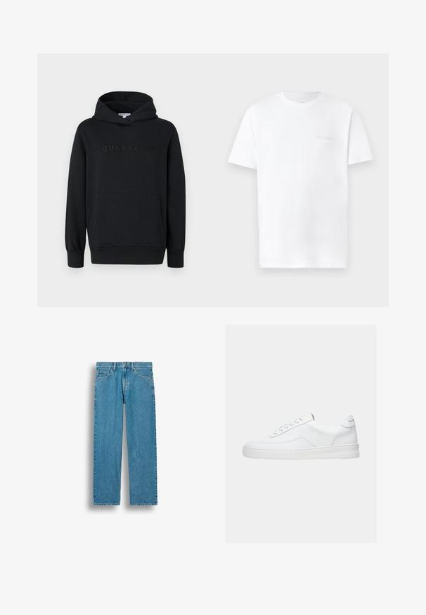 Sort hættetrøje, blødt materiale, pullover-design, frontlomme til hænderne, præget "QUARTZ CO" logo på brystet, ribbede manchetter og kant.; Hvid bomulds t-shirt med korte ærmer, rund halsudskæring, der har et diskret gråt logo print på venstre bryst og en glat overflade.; Blå straight-leg jeans i denim med forlommer, bæltestropper og knaplukning, vist mod en hvid baggrund.; Hvid lavt sneaker med snørelukning, glat læderoverdel og tyk sål, vist fra siden på en ensfarvet baggrund.