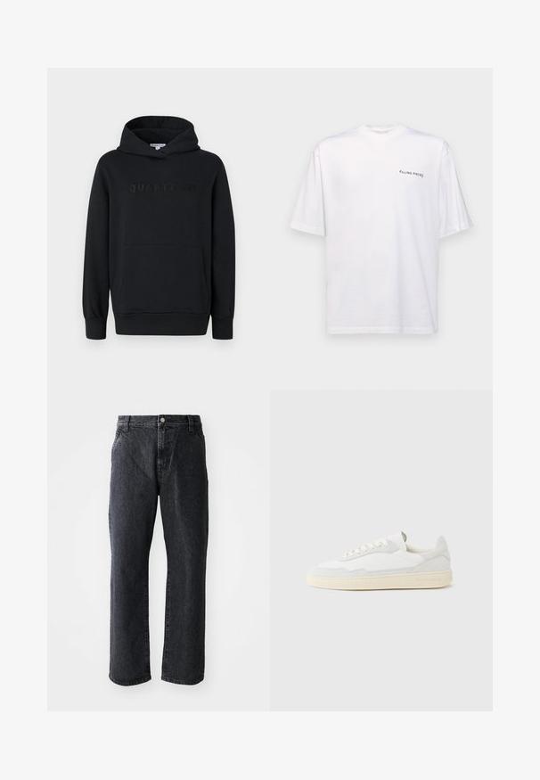 Zwarte hoodie, zachte stof, pullover ontwerp, voorzak in kangoeroestijl, reliëf 'QUARTZ CO' logo op de borst, ribgebreide manchetten en onderkant.; Witte katoenen T-shirt met korte mouwen en een V-hals, voorzien van een zwart "FILLING PIECES" logo dat aan de linkerkant is gedrukt.; Zwarte denim jeans met een rechte pijp, voorzien van een knoopsluiting, vijf zakken en een subtiele textuur. Klassiek ontwerp zonder opvallende patronen.; Witte sneaker met een bovenwerk van gestructureerd suède en leer. Voorzien van een afgeronde neus, vetersluiting en een contrasterende beige rubberen zool.