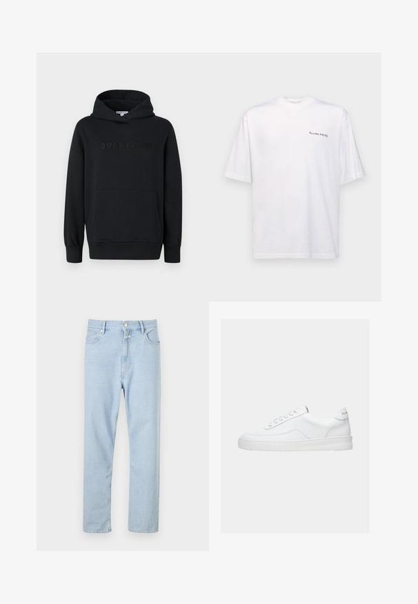 Sweat à capuche noir, tissu doux, design à enfiler, poche kangourou à l'avant, logo "QUARTZ CO" en relief sur la poitrine, poignets et ourlet côtelés.; T-shirt blanc à manches courtes en coton avec un col en V, présentant un logo noir "FILLING PIECES" imprimé sur le côté gauche.; Jeans droit en denim bleu clair, dotés d'une fermeture à boutons et à zip, de cinq poches et d'une légère décoloration sur le tissu.; Baskets basses blanches avec un design à lacets, dessus en cuir lisse et semelle épaisse, montrées de profil sur un fond uni.