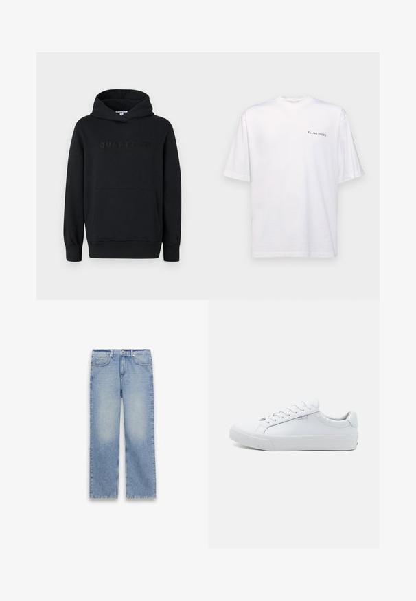 Sweat à capuche noir, tissu doux, design à enfiler, poche kangourou à l'avant, logo "QUARTZ CO" en relief sur la poitrine, poignets et ourlet côtelés.; T-shirt blanc à manches courtes en coton avec un col en V, présentant un logo noir "FILLING PIECES" imprimé sur le côté gauche.; Jean en denim bleu clair à jambes droites avec cinq poches, passants pour ceinture, et une fermeture à bouton et zip.; Baskets blanches en cuir avec une finition lisse, design bas, bout rond et semelle plate en caoutchouc. Dotées de lacets plats et d'une signalétique minimale.