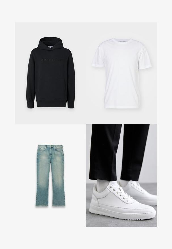 Must mustras, pehme materjal, üle pea tõmmatav disain, eesmine tasku, reljeefne "QUARTZ CO" logo rinnal, soonikkoes varrukad ja äär.; Valge puuvillane T-särk ümarate kaelustega, lühikeste varrukatega ja sirge lõikega. Ilma mustrite või kaunistusteta, sile tekstuur ja lihtne disain.; Hele sinine teksapüksid kergelt pleekinud, sirge jala lõikega, esikinnise ja viie taskuga valgel taustal.; Valged nahast tennisetossud, millel on lame kummist tallapool, sile viimistlus, ümar varvas ja metallist silmadega paelte jaoks. Kantud mustade pükstega.