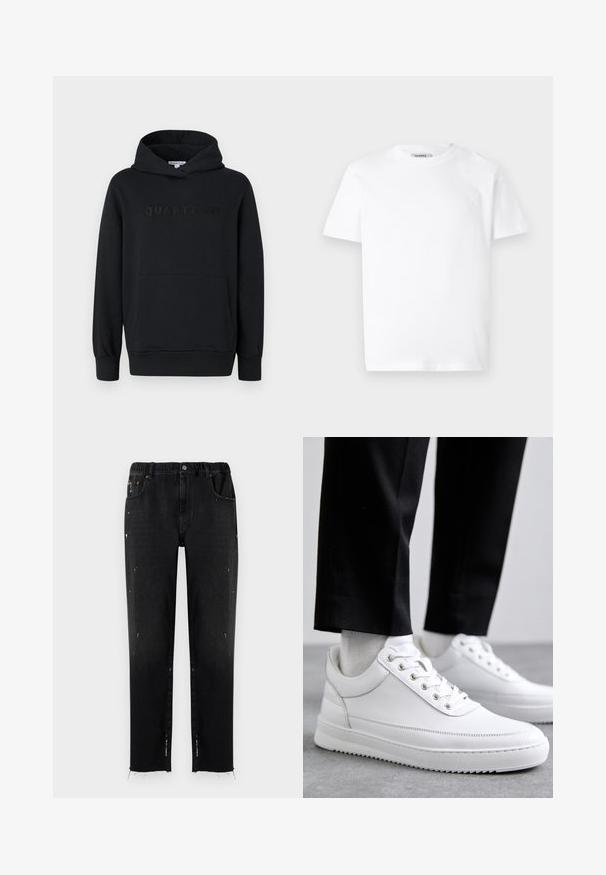 Zwarte hoodie, zachte stof, pullover ontwerp, voorzak in kangoeroestijl, reliëf 'QUARTZ CO' logo op de borst, ribgebreide manchetten en onderkant.; Witte katoenen t-shirt met een ronde hals en korte mouwen. Bevat een klein, reliëf logo op de linker borst. Soepele textuur.; Zwarte denim jeans met een elastische tailleband, rechte snit, verwerkte details en een rafelige onderrand. Bevat zakken en een knoopsluiting.; Witte leren sneakers met een platte rubberen zool, met een soepele afwerking, ronde neus en metalen oogjes voor de veters. Draag ze met een zwarte broek.