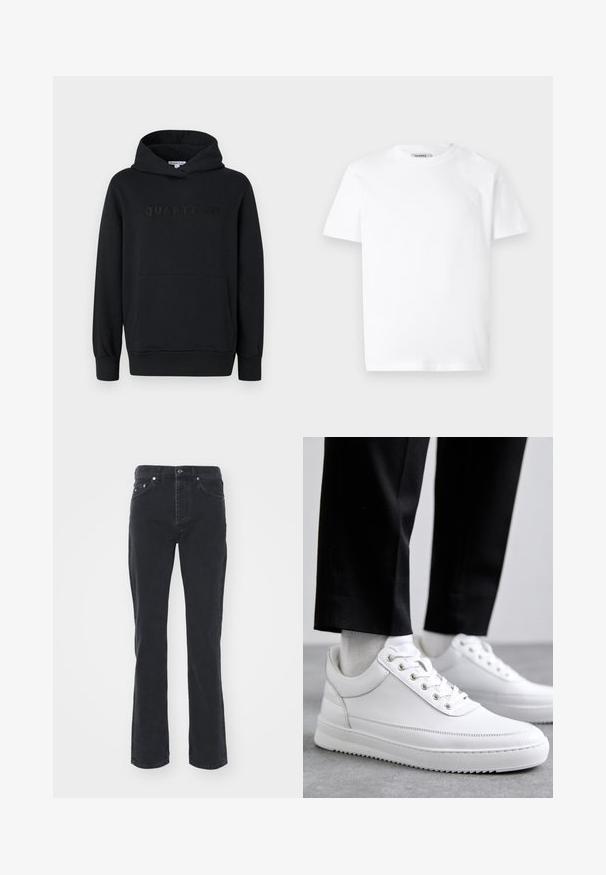 Sudadera con capucha negra, fabricada en un tejido suave, diseño tipo pullover, bolsillo canguro frontal, logo en relieve "QUARTZ CO" en el pecho, puños y dobladillo acanalados.; Camiseta blanca de algodón con cuello redondo y mangas cortas. Presenta un pequeño logo en relieve en el lado izquierdo del pecho. Textura suave.; Vaqueros de mezclilla negra con un diseño de pierna recta, que cuentan con cinco bolsillos y un cierre de botón. La tela tiene una textura sutil y un acabado resistente.; Zapatillas de cuero blanco con una suela de goma plana, que presentan un acabado suave, punta redonda y ojetes de metal para los cordones. Llevadas con pantalones negros.