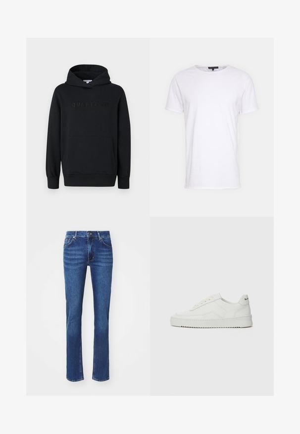 Sudadera con capucha negra, fabricada en un tejido suave, diseño tipo pullover, bolsillo canguro frontal, logo en relieve "QUARTZ CO" en el pecho, puños y dobladillo acanalados.; Camiseta de algodón blanca con cuello redondo, mangas cortas y corte recto. Presenta una textura simple y suave sin patrones adicionales.; Vaqueros de mezclilla azul oscuro con un diseño de pierna recta, que presentan un sutil desgaste, cinco bolsillos y un cierre de botón. Costuras en un tono neutro que los destacan.; Zapatilla de cuero blanca con un acabado suave, puntera redonda, cordones planos y suela texturizada. Cuenta con un sutil logo en el talón.