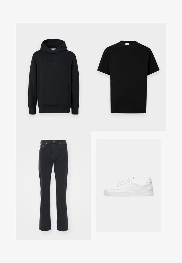 Sweat à capuche noir, tissu doux, design à enfiler, poche kangourou à l'avant, logo "QUARTZ CO" en relief sur la poitrine, poignets et ourlet côtelés.; T-shirt en coton noir avec un col rond, des manches courtes et une coupe droite. Pas de motifs visibles ni de détails matériels.; Jeans en denim noir avec une coupe droite, comportant cinq poches et une fermeture à bouton. Le tissu a une texture subtile et une finition robuste.; Baskets basses blanches avec un design à lacets, dessus en cuir lisse et semelle épaisse, montrées de profil sur un fond uni.