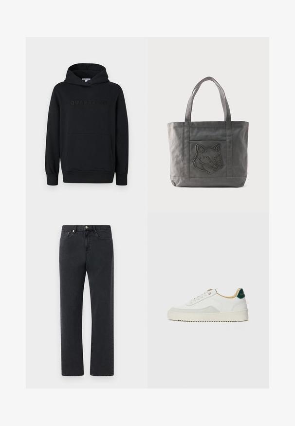 Zwarte hoodie, zachte stof, pullover ontwerp, voorzak in kangoeroestijl, reliëf 'QUARTZ CO' logo op de borst, ribgebreide manchetten en onderkant.; Zwarte denim jeans met een rechte pijpdesign, vijf zakken en metalen hardware accenten. De stof heeft een gladde, iets gestructureerde afwerking.; Witte sneaker met suède accenten, ronde neus, platte veters en een crème rubberen zool. Bevat groene branding op de hiel.; Grijze katoenen draagtas met twee handvatten en een voorvak met een gestikte wolfskop erop.