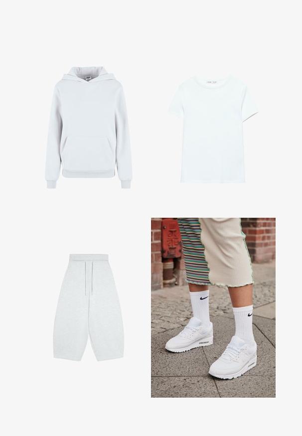 Hoodie en coton blanc avec une poche kangourou à l'avant, capuche avec cordon de serrage réglable, poignets et ourlet côtelés ; texture lisse, design décontracté.; T-shirt blanc uni en coton à manches courtes, col rond, présenté à plat sur un fond blanc, sans motifs ni logos visibles.; Pantalon court à jambes larges gris clair avec taille élastique et cordon à l'avant, fabriqué en tissu tricoté doux.; Baskets Nike Air Max 90 blanches avec une tige en maille et cuir, dotées d'une unité d'air visible, accompagnées de chaussettes blanches côtelées avec un logo noir.