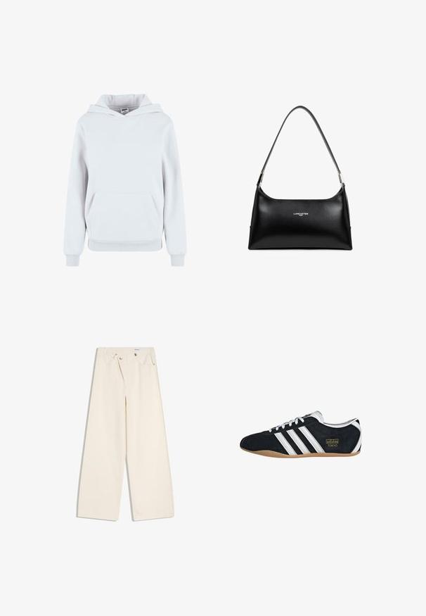 Hoodie en coton blanc avec une poche kangourou à l'avant, capuche avec cordon de serrage réglable, poignets et ourlet côtelés ; texture lisse, design décontracté.; Pantalon large couleur écru avec poches avant, passants pour ceinture, et boutons argentés sur la ceinture et les bords des poches.; Sneakers en suede noir avec trois bandes blanches, logo doré et semelle en caoutchouc marron. Présente un design à lacets à profil bas.; Sac à main en cuir noir avec une texture lisse, de forme rectangulaire et avec une bandoulière courbée. Il dispose de quincaillerie métallique et d'un logo embossé.