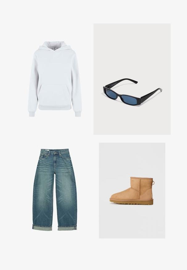 Witte katoenen hoodie met een voorzijde buidelzak, verstelbare trekkoordkap, ribgebreide manchetten en onderrand; gladde textuur, casual ontwerp.; Blauwe denim jeans met wijde pijpen, opgerolde boorden, voorste knoop- en ritsluiting en klassiek ontwerp met vijf zakken.; Tan suède enkellaars met ronde neus, gestikte details, trekhaak aan de achterkant en een gestructureerde rubberen zool. Ontworpen voor comfort en warmte.; Zwarte zonnebril met een slank rechthoekig frame en blauwe lenzen. Heeft een gladde textuur en stevige pootjes. Merklogo aan de zijkant.