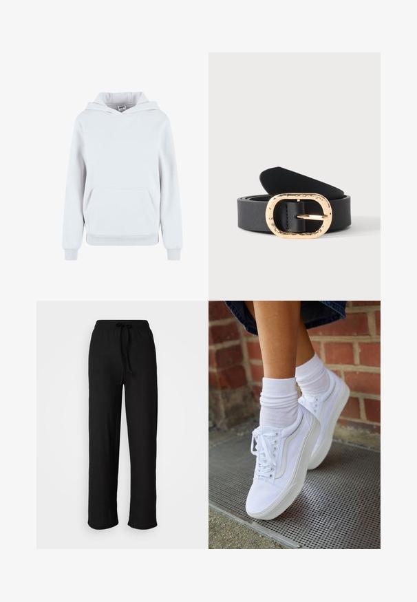 Weißer Baumwollhoodie mit einer vorderen Kängurutasche, verstellbarem Kordelzughut, gerippten Bündchen und Saum; glatte Textur, lässiges Design.; Schwarze, locker sitzende Hose aus strukturiertem Stoff, mit einem Kordelzugbund und weitem Beinschnitt, der ein sauberes, schlichtes Design aufweist.; Weiße Leinensneaker mit Gummisohlen, ausgestattet mit sechs Ösen, runder Zehenpartie und dezenten Nähten, kombiniert mit weißen Knöchelsocken.; Schwarzer Ledergürtel, zusammengerollt mit einer großen strukturierten goldenen ovalen Schnalle vor weißem Hintergrund.