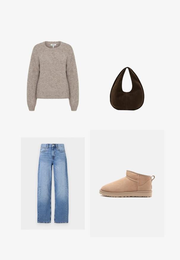 b.young BYMILLER - Striktrøje - humus melange; Høj talje, lyseblå denim jeans med vide ben, forreste knapper og lynlås, bæltestropper og fem-lomme-design.; Brune ruskindsankelstøvle med en rund tå, blød tekstur, enkelt design og en lavprofil gummisål. Har en trækrem bagpå.; Mørkebrun ruskind skuldertaske formet som en halvmåne med en bred rem og glat tekstur på en hvid baggrund.