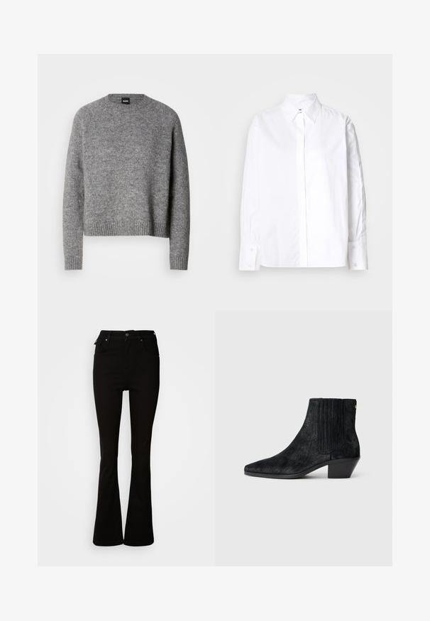 Grå strikket sweater med rund hals, lange ærmer og ribbede manchetter og kant. Blød tekstur; minimalistisk design uden mønstre eller accenter.; Hvid skjorte med klassisk krave, lange ærmer og manchetter. Fremstillet af glat stof, den har en midt foran placket.; Sorte flare jeans lavet af denim, med høj talje, forlommer og et klassisk fem-lomme design med metalhardware detaljer.; Sort ankelstøvle med spidse tæer, tekstureret håragtigt materiale, ribbet sidepanel og en lav, firkantet hæl. Simpelt og moderne design.