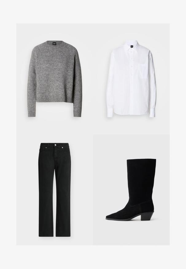Grå strikket sweater med rund hals, lange ærmer og ribbede manchetter og kant. Blød tekstur; minimalistisk design uden mønstre eller accenter.; Hvid skjorte med knapper lavet af bomuld, med klassisk krave, lange ærmer, en brystlomme og en glat, sprød tekstur.; Sorte jeans med lige ben, foran med knap og lynlås, design med fem lommer og bæltestropper.; Sort ruskind ankelstøvle med spidse tæer, mellemhøj skaft og en chunky hæl. Fuldender et minimalistisk design med lidt syninger og en glat tekstur.