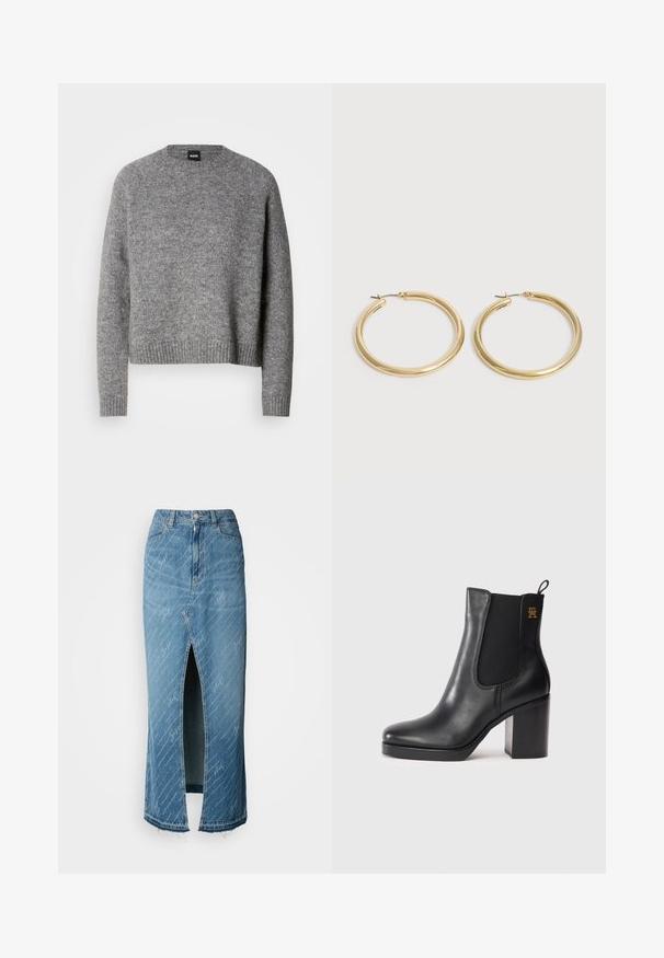 Grå strikket sweater med rund hals, lange ærmer og ribbede manchetter og kant. Blød tekstur; minimalistisk design uden mønstre eller accenter.; Blå denim midi-nederdel med en frontslid, falmet tekstur og hvidt skriftmønster. Har et klassisk taljebånd og frynset kant.; Sorte læder ankelstøvle med blokhæl, elastisk sidesk panel, trække-løkke og lille guldlogo på den øverste side.; Par glatte, skinnende gyldne hoops-øreringe med tynde stænger og hængsel-låse på en ensfarvet lys baggrund.