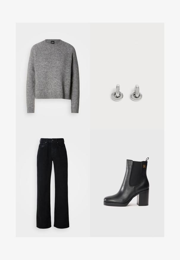 Grijze gebreide trui met een ronde hals, lange mouwen en geribde manchetten en zoom. Zachte textuur; minimalistisch ontwerp zonder patronen of accenten.; Zwarte jeans met wijde pijpen gemaakt van katoenen denim. Voorzien van een knoopsluiting aan de voorkant, riemlussen en een ontwerp met vijf zakken met subtiele stiksels.; Zwarte leren enkellaars met blokhak, elastieken zijpaneel, trekband en een klein gouden logo aan de bovenkant.; Een paar kleine, glanzende zilveren creolen met een ronde basis, afgebeeld op een effen lichte achtergrond.