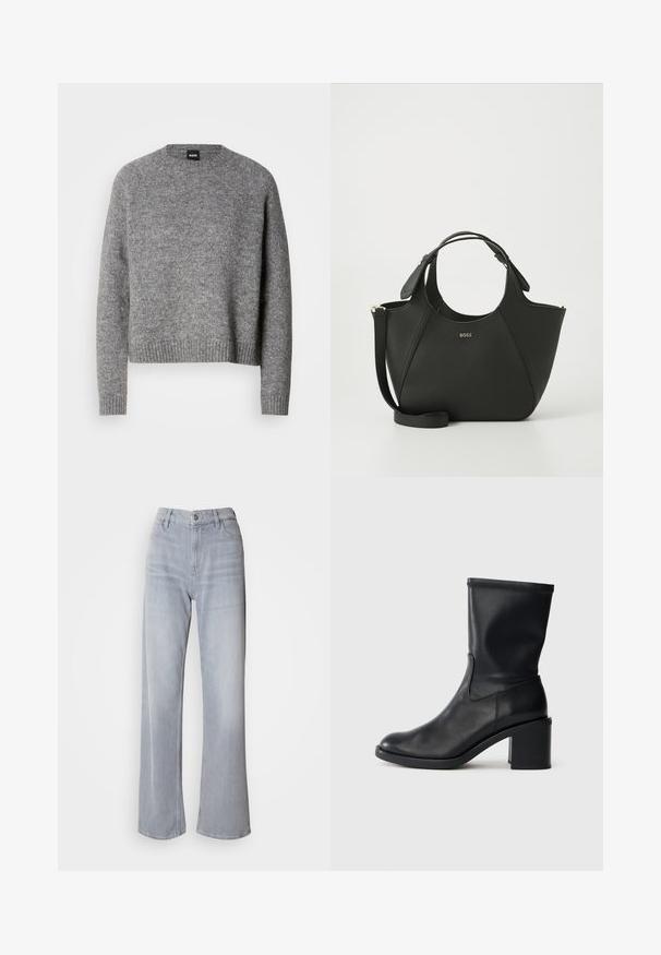 Suéter gris de punto con cuello redondo, mangas largas y puños y dobladillo acanalados. Textura suave; diseño minimalista sin patrones ni acentos.; Jeans de pernera ancha en gris claro, con cintura alta, hechos de denim. Presentan bolsillos frontales, cremallera y un leve desvanecimiento por toda la prenda.; Botín negro de cuero hasta el tobillo con punta redonda, textura suave y tacón grueso, que presenta un eje ajustado y un sutil detalle de costura.; Bolso de mano de piel negra con superficie texturizada, diseño curvado, asas dobles y una correa desmontable. Presenta un logotipo de la marca en la parte frontal.