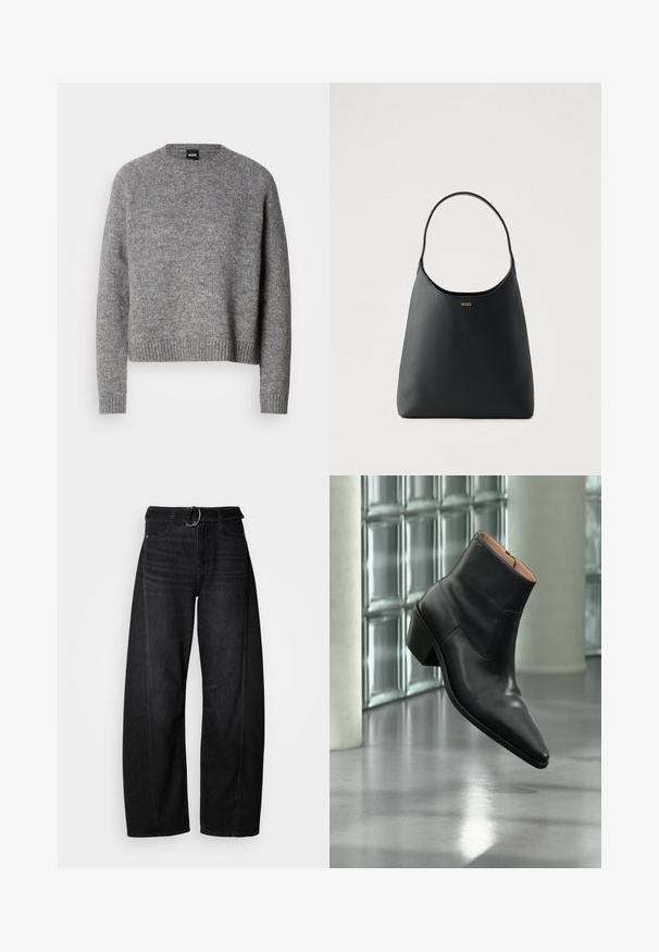 Grijze gebreide trui met een ronde hals, lange mouwen en geribde manchetten en zoom. Zachte textuur; minimalistisch ontwerp zonder patronen of accenten.; Zwarte wijde spijkerbroek van denim met een tailleband en casual zakdetails. Heeft een ruwe rand aan de zoom en minimale stiksels.; Zwarte leren enkellaars met een spitse neus en blokhak die zweeft boven een reflecterende grijze vloer nabij een glazen blokmuur.; Zwarte leren handtas met een enkele gebogen handgreep, gladde textuur en een subtiel logo aan de voorkant. Minimalistisch ontwerp en ruime binnenkant.