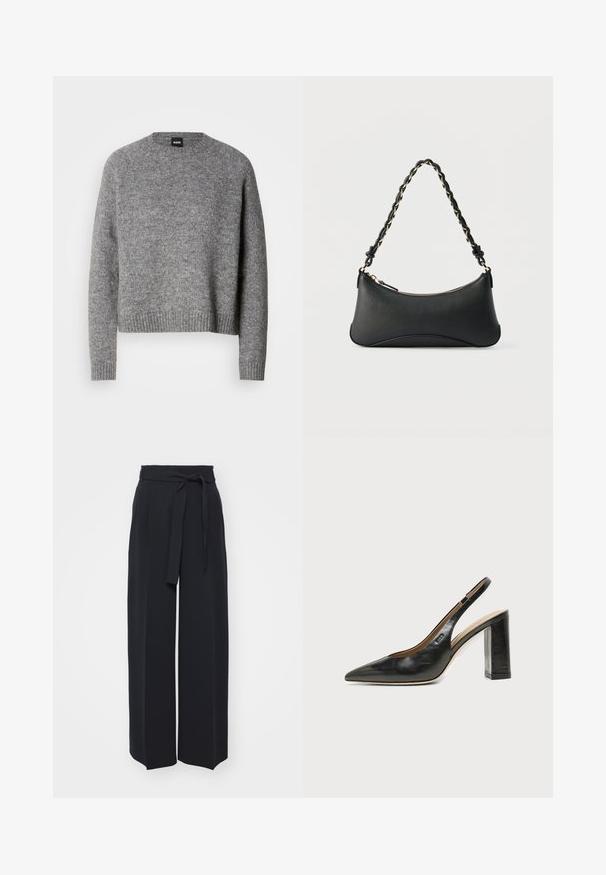 Pull en tricot gris avec un col rond, des manches longues et des poignets et un ourlet côtelés. Texture douce ; design minimaliste sans motifs ni accents.; Pantalons noirs à jambes larges en tissu doux. Dotés d'une taille ceinturée et de plis avant. Texture lisse avec un design épuré et contemporain.; Chaussure slingback en cuir noir à bout pointu avec un talon bloc haut et une doublure intérieure beige sur un fond clair uni.; Sac à bandoulière en cuir noir de forme rectangulaire incurvée, avec une chaîne dorée tissée dans la bandoulière noire tressée et une fermeture éclair sur le dessus.
