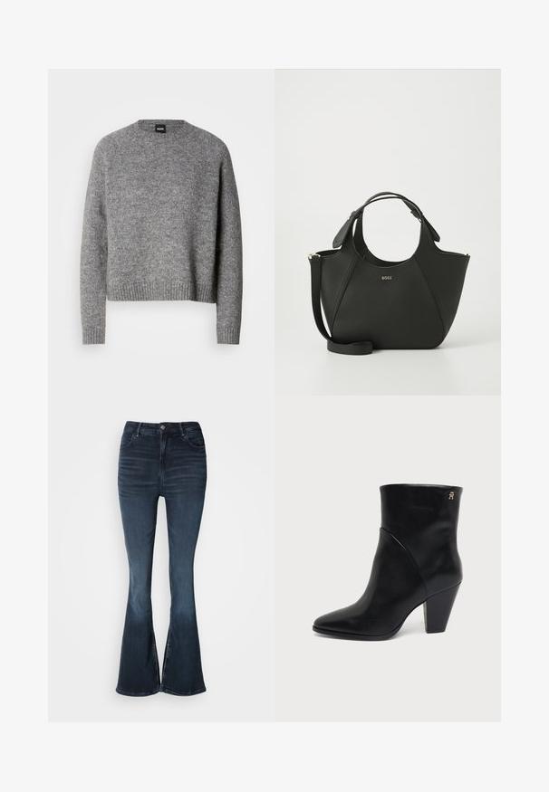 Suéter gris de punto con cuello redondo, mangas largas y puños y dobladillo acanalados. Textura suave; diseño minimalista sin patrones ni acentos.; Jeans de mezclilla de campana en azul oscuro con cintura alta, cierre de botón, bolsillos frontales y un sutil desgaste en los muslos y las rodillas.; Bota de cuero negro hasta el tobillo con puntera puntiaguda, tacón de bloque y pequeño logo dorado cerca del borde superior en el lado exterior.; Bolso de mano de piel negra con superficie texturizada, diseño curvado, asas dobles y una correa desmontable. Presenta un logotipo de la marca en la parte frontal.