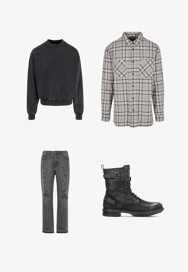 Sort cropped sweatshirt med rund halsudskæring, ribbestrikkede manchetter og kant. Fremstillet af blødt materiale med et let falmet udseende.; Gråternet langærmet skjorte lavet af stof med knaplukning, der har to brystlommer og en klassisk krave.; Grå denim straight-leg jeans med slidte detaljer, der har synlige rifter og en let frynset kant samt sølvfarvet knaplukning.; Kazar HEARD - Cowboy- / bikerstøvlette - black