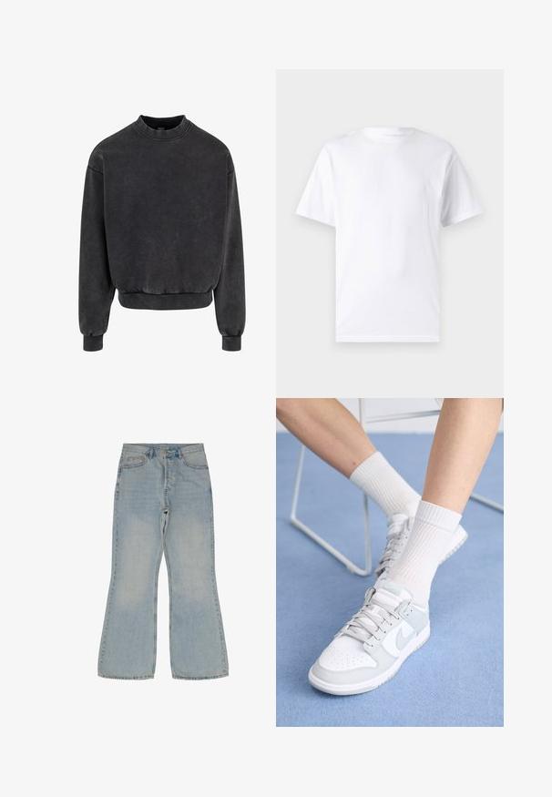 Sort cropped sweatshirt med rund halsudskæring, ribbestrikkede manchetter og kant. Fremstillet af blødt materiale med et let falmet udseende.; Hvid kortærmet t-shirt lavet af bomuld med rund hals, der har en glat tekstur og et simpelt design uden mønstre eller accenter.; Lyseblå, bredde jeans lavet af denim. Har fem lommer, en knaplukning og kontrastsying langs sømmene.; Hvide sneakers med lyseblå accenter, læderoverdel, perforeret tå, tykke snørebånd og ribbede hvide sokker mod en blå baggrund.