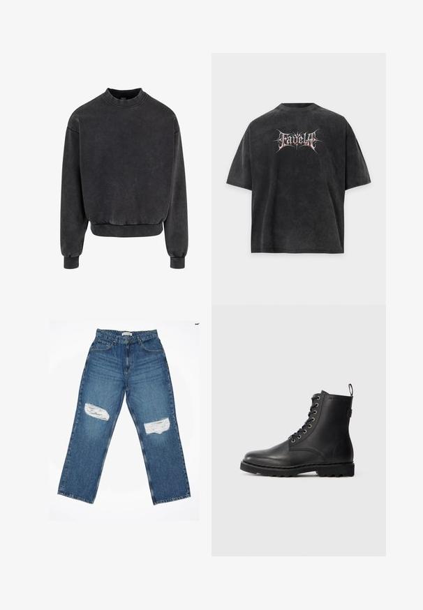 Zwarte cropped sweatshirt met ronde halslijn, ribgebreide manchetten en onderkant. Gemaakt van zachte stof met een licht vervaagd uiterlijk.; Zwart oversized T-shirt met vervaagde textuur en gestileerde witte en rode tekst "Fadella" gecentreerd aan de voorkant.; Lichtblauwe denim jeans met een rechte pijp, voorzien van twee versleten kniestukken en standaard vijf-pocket stijl.; Zwarte leren enkellaars met ronde neus, vetersluiting en metalen oogjes. Beschikt over een gestructureerde zool en een trekstrip aan de hiel voor gemakkelijk aan- en uittrekken.