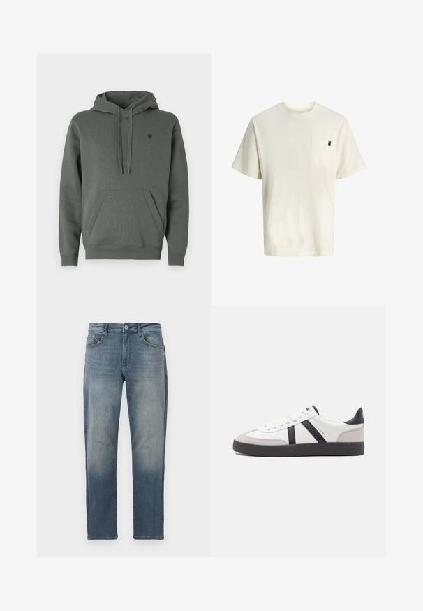 Hoodie en coton vert foncé avec une poche kangourou, capuche réglable avec cordon, et logo discret sur la poitrine ; texture lisse et coupe décontractée.; T-shirt en coton blanc à manches courtes, col rond, poche poitrine avant et petite étiquette sur le côté. Texture lisse et coupe décontractée.; Jean en denim bleu clair avec une coupe droite, un design à cinq poches, une fermeture à bouton en métal et un délavage subtil à l'avant.; Baskets blanches avec des accents noirs et gris, présentant un embout texturé gris, une semelle en caoutchouc noir et des lacets plats blancs. Design épuré, style minimaliste.