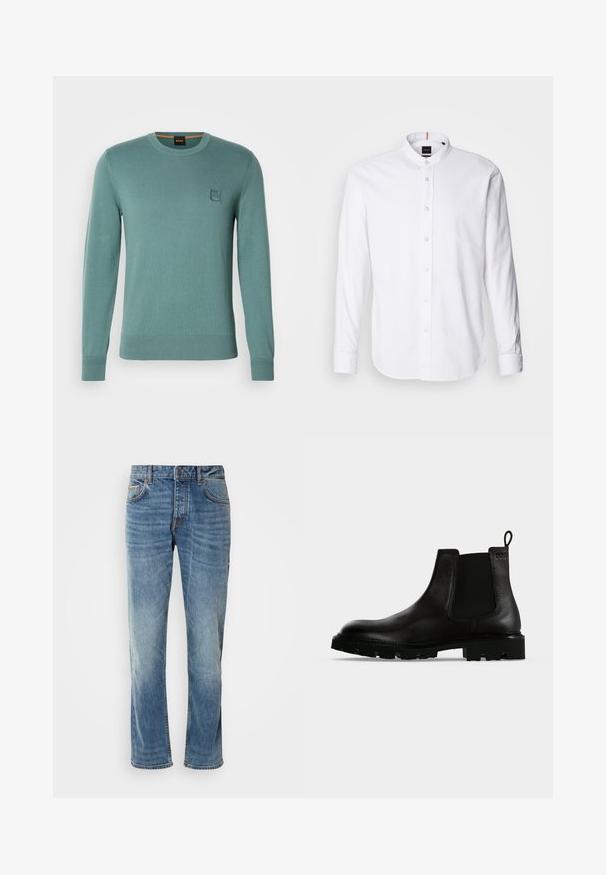 Suéter de punto verde claro con cuello redondo, mangas largas, puños acanalados y cintura acanalada. Presenta un pequeño parche de logo cuadrado en el pecho.; Camisa blanca de manga larga con cuello de banda, cierre de botones en el frente y dobladillo redondeado. Hecha de algodón, presenta una textura suave y un brillo sutil.; Jeans de denim azul claro con piernas rectas, cinco bolsillos, costuras en contraste y un acabado desgastado. Cuenta con un cierre de botón y cremallera.; Botín Chelsea de cuero negro hasta el tobillo con suela gruesa con tacos, paneles laterales elásticos y lengüeta de tirador sobre fondo liso.