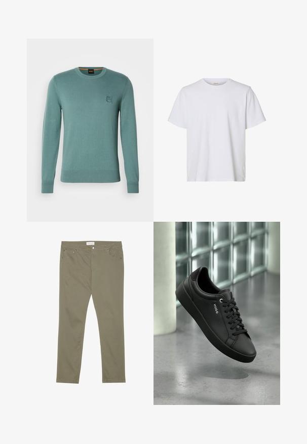 Suéter de punto verde claro con cuello redondo, mangas largas, puños acanalados y cintura acanalada. Presenta un pequeño parche de logo cuadrado en el pecho.; Camiseta blanca lisa de manga corta con cuello redondo, ajuste regular y textura de tela suave, presentada sobre un fondo blanco.; Pantalones de mujer en verde oliva hechos de una mezcla de algodón. Cuentan con un diseño ajustado, bolsillos delanteros y detalles de costura en contraste.; Zapatilla deportiva de cuero negro con cordones negros y el nombre de la marca "HUGO" en el costado, presentada sobre un fondo moderno de bloques de vidrio y concreto.
