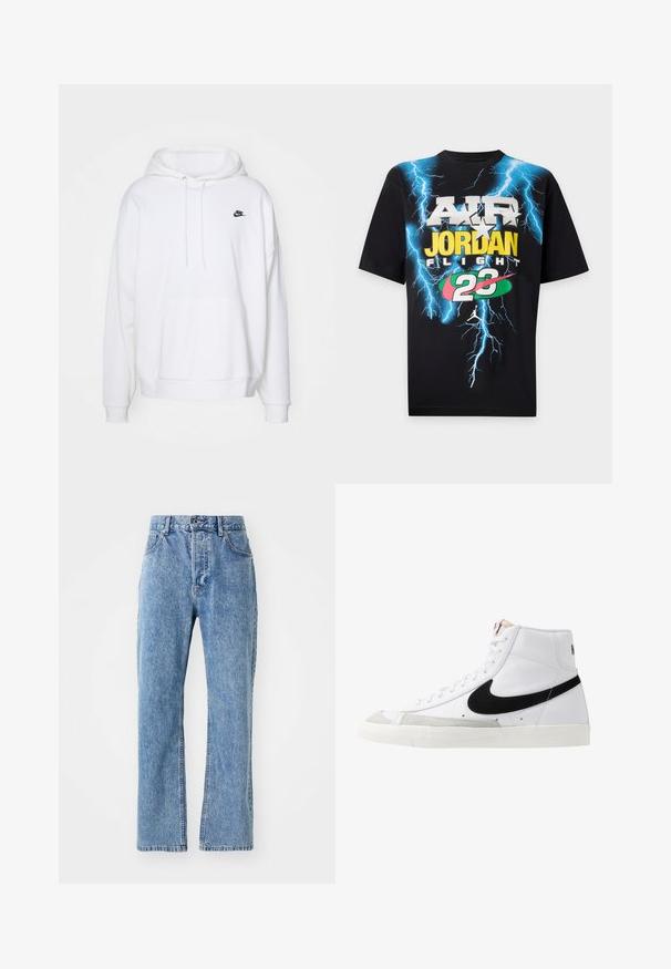 Valkoinen huppari, joka on valmistettu pehmeästä kankaasta, sisältää kengurupukin taskun, karkean narun hupussa ja pienen mustan Nike-logon rinnassa.; Musta t-paita, jossa sininen salama-kuvio ja paksu teksti ""Air Jordan Flight 23"" valkoisena, keltaisena, punaisena ja vihreänä.; Vaaleansiniset farkut, joissa on korkea vyötärö, leveä lahjetyyli, klassinen viisi-taskumalli ja hillitty kulutusvaikutus kankaan pinnassa.; Valkoiset korkeavartiset tennarit, joissa on musta swoosh, teksturoitu harmaa varvaskuppi ja litteä valkoinen pohja. Varustettu kuudella reiällä nauhoille ja ommelluilla yksityiskohdilla.