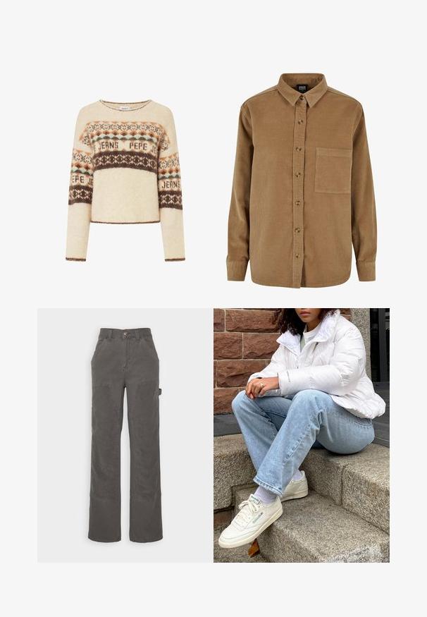 Jersey de color crema con mangas largas, que presenta un patrón de punto geométrico en marrón, naranja y azul verdoso. Cuello redondo y diseño corto.; Camisa de pana marrón con botones en la parte delantera, cuello puntiagudo, mangas largas y un bolsillo en el pecho. Presenta una sutil textura vertical y botones marrones.; BDG Urban Outfitters PANEL CARPENTER - Pantalones cargo - charcoal; Chaqueta de plumas blanca con cuello alto, jeans de mezclilla azul claro y zapatillas Reebok blancas. Escalones de piedra texturizados en el fondo.