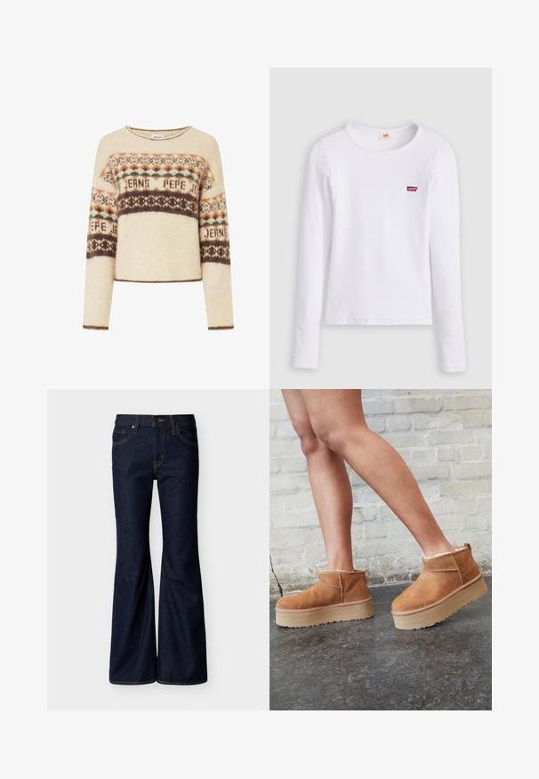 Pull crème à manches longues, arborant un motif tricoté géométrique en marron, orange et teal. Encolure ronde et coupe cropped.; Chemise Levi's blanche à manches longues avec col rond et petit logo rouge Levi's sur la poitrine gauche, présentée sur un fond uni.; Jean en denim bleu foncé avec jambes évasées, fermeture avant par bouton et zip, et design à cinq poches avec surpiqûres contrastantes.; Bottines en suède marron avec une doublure en peluche, semelle épaisse en beige et une poignée à l'arrière. Surface texturée avec des détails de couture visibles.