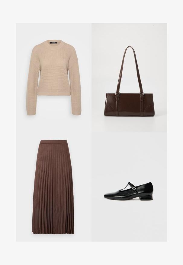 Pull beige en maille avec un col rond, des manches longues et une coupe cropped. Le tissu texturé présente un léger motif en côtes.; Jupe midi plissée marron en tissu texturé, dotée d'une taille ajustée et de plis verticaux s'étendant de la taille à l'ourlet.; Chaussures Mary Jane en cuir noir avec bout pointu, petit talon carré et bride ajustable avec une boucle argentée. Texture lisse et brillante.; Sac à main en cuir verni marron de forme rectangulaire, avec deux longues poignées et des accents courbés subtils à l'avant.