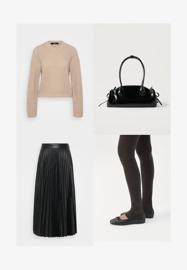 Pull beige en maille avec un col rond, des manches longues et une coupe cropped. Le tissu texturé présente un léger motif en côtes.; Jupe plissée noire en simili cuir, avec des plis verticaux, une ceinture lisse et une longueur au sol.; Jambes portant des leggings côtelés foncés associés à des ballerines noires avec de petits détails en nœud sur fond blanc.; Petit sac à main noir brillant avec deux longues anses et des détails à cordon sur les côtés sur un fond clair uni.
