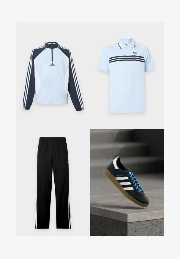 Veste à enfiler bleu clair avec col montant, fermeture éclair demi-longueur, et panneaux d'accent bleu foncé et blanc. Comprend trois bandes blanches sur les manches.; Polo bleu clair en tissu texturé avec des bandes noires en accent et un logo noir sur la poitrine. Présente un col à revers.; Pantalon de sport noir en tissu mesh, avec une coupe droite, une taille élastique et des bandes blanches sur les côtés. Logo sportif affiché.; Baskets Adidas noires avec des rayures blanches, des lacets bleus et une semelle en gomme flottant au-dessus d'une marche en béton grise sous une lumière douce.