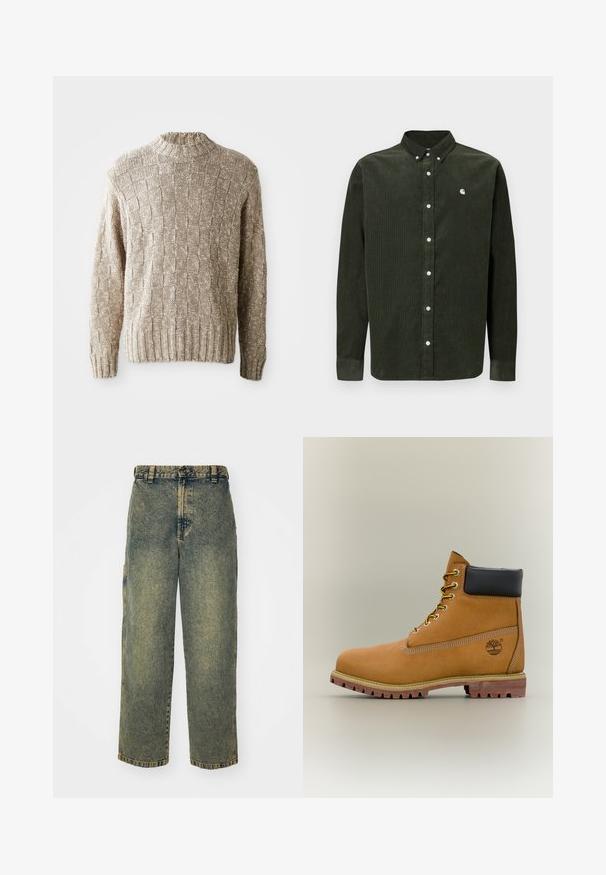 Pull en tricot beige avec un motif de damier texturé, un col et un ourlet côtelés, et des manches longues. Fabriqué à partir d'un matériau doux et léger.; Chemise à manches longues en velours côtelé vert foncé avec col boutonné, boutons blancs et petit logo sur la poitrine gauche.; Jeans en denim ample avec un délavage bleu et vert. Comprend une fermeture à bouton, des passants de ceinture et des poches latérales. Pas de pli à l'avant et design à jambe droite.; Bottine en cuir marron avec col noir, lacets jaunes et semelle beige. Présente un logo et des détails de couture blanche. Semelle extérieure à traction robuste.