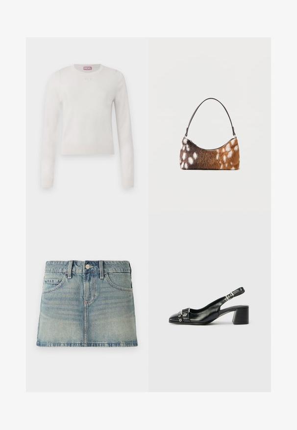 Hvid langærmet sweater med rund hals. Lavet af blødt materiale. Har et lille, diskret logo på brystet. Enkel, minimalistisk design.; Denim mini skirt i lysvasket blå. Har en talje med bæltesløjfer, frontlommer og en knaplukning. Glat tekstur med minimal falmning.; Sorte læder slingback hæl med spids tå, tekstureret rem med cirkulære metalliske accenter, og en stablet blokhæl.; Skuldertaske med brun og hvid pletmønstret imiteret pels og en tynd sort rem, vist på en hvid baggrund.