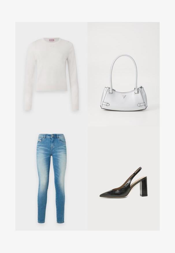 Hvid langærmet sweater med rund hals. Lavet af blødt materiale. Har et lille, diskret logo på brystet. Enkel, minimalistisk design.; Tætsiddende jeans i lys blå denim med en vask, der giver en falmet effekt. De har en knap- og lynlåslukning, fem lommer og et klassisk fem-lomme-design.; Sort læder peep-toe slingback sko med høj blokhæl og beige indvendig foring mod en ensfarvet lys baggrund.; Sølv håndtaske med et struktureret design, der har to håndtag, en skinnende overflade, accenthardware og et trekantet logo på fronten.