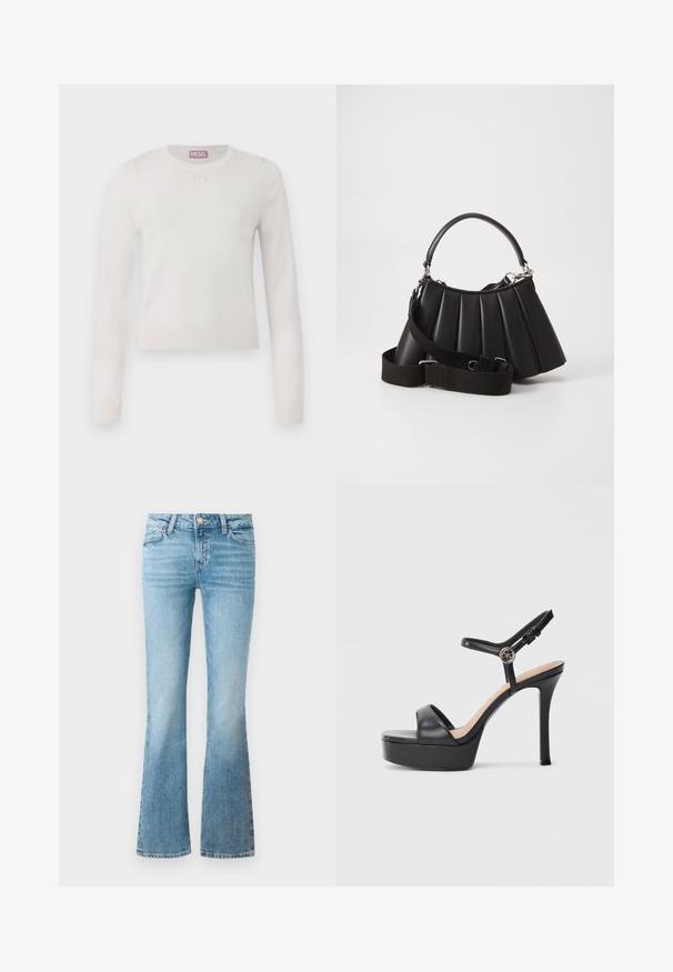 Pull à manches longues blanc avec un col rond. Fabriqué dans un matériau doux. Présente un petit logo discret sur la poitrine. Design simple et minimaliste.; Jean flare en denim bleu clair avec poches avant, passants de ceinture et fermeture à bouton.; Sandales à plateforme noires avec un talon haut stilettos, dotées d'une tige en cuir lisse, d'un bout ouvert et d'une bride de cheville ajustable avec ferrures.; Sac à main plissé noir avec une poignée arrondie, une bandoulière réglable et une texture brillante. Présente des accessoires en argent et une silhouette structurée.