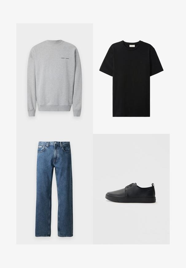 Grå sweatshirt i bomuldsblanding med ribbet halsudskæring og manchetter. Lille sort logo tekst på brystet. Glat tekstur og afslappet pasform.; Sort t-shirt med korte ærmer og rund hals med subtil Calvin Klein Jeans-logo på brystet og en label indeni halsåbningen.; Blå lige ben denim jeans med høj talje, knap- og lynlås lukning, forvaskede lommer og et lille hvidt mærke på den højre lomme.; Sorte lædersneakers med en glat finish, rund tå, tonalt syning, snøring foran og en flad gummisål. Løkke ved hælen.