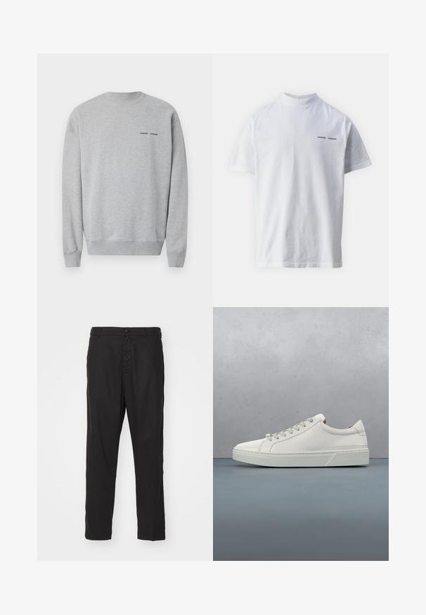 Grå sweatshirt i bomuldsblanding med ribbet halsudskæring og manchetter. Lille sort logo tekst på brystet. Glat tekstur og afslappet pasform.; Hvid bomulds t-shirt med høj halsudskæring og korte ærmer. Har "SAMSØE SAMSØE" logo i sort på forsiden. Glat tekstur.; Sorte bomuldschinos med lige ben-design, knaplukning og sidelommer. Glat tekstur og ingen synlige mønstre eller accenter.; Hvid lædersneaker med rund tå, minimalistisk design, grå snørebånd og en tekstureret grå gummisål. Subtile syningsdetaljer er synlige.