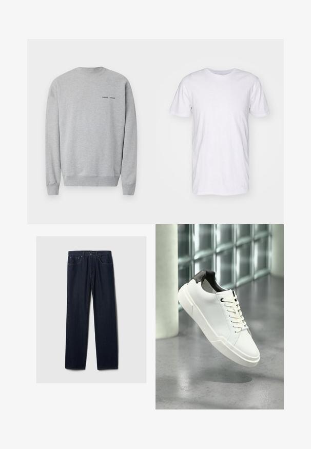Sweatshirt gris en mélange de coton, avec un col et des poignets côtelés. Petit logo noir sur la poitrine. Texture lisse et coupe décontractée.; Selected SLHASPEN SLUB TEE - T-shirt basique - bright white; Jeans en denim bleu foncé à jambe droite avec un design à cinq poches, fermeture à bouton et couture visible sur un fond clair.; Baskets basses blanches avec languette de talon noire texturée, lacets blancs et semelle épaisse sur un sol en béton poli près de blocs de verre.