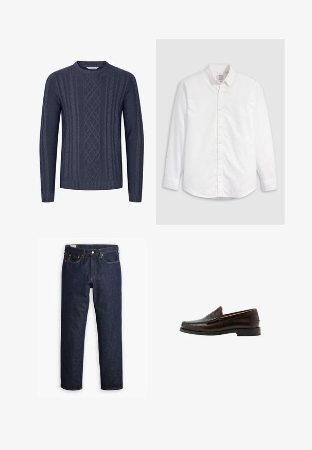 Pull en maille bleu marine avec des motifs de torsade texturés, col rond et poignets et ourlet côtelés. Fabriqué en tissu doux et durable.; Chemise blanche à boutons en coton avec manches longues, col classique et ourlet arrondi. Dotée de boutons jaunes et d'un branding discret.; Jean en denim bleu foncé à coupe droite, avec un style à cinq poches, des coutures visibles et une fermeture à boutons classique.; Mocassin penny en cuir marron foncé avec bout moc cousu, talon bas et finition lisse, présenté de profil sur fond blanc.