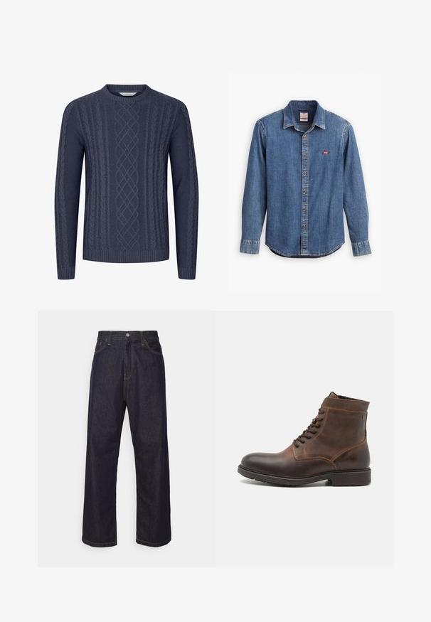 Mørkeblå strikket sweater med teksturerede kabelmønstre, rund halsudskæring og ribbekanter ved ærmerne og nederste kant. Fremstillet af blødt og holdbart stof.; Denimskjorte i mørkeblå med skjortekrave, lange ærmer, stikninger og et lille rødt logo på brystlommen.; Mørkeblå lige ben denim jeans med gul syning, frontknap, lynlås og fem-lommer design.; Jack & Jones JFWDELANEY BOOT - Snørestøvletter - cognac