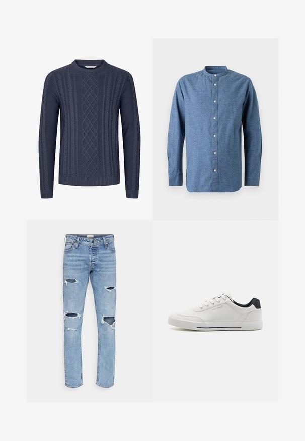 Navyblauwe gebreide trui met getextureerde kabelpatronen, ronde halslijn en geribbelde manchetten en onderkant. Gemaakt van zacht, duurzaam materiaal.; Blauw overhemd met lange mouwen, staande kraag en witte knopen, getoond tegen een lichte achtergrond.; Lichtblauwe denim jeans met een slim fit, met meerdere versleten plekken en rafelige randen op de knieën. Klassiek vijf-pocket ontwerp.; Witte sneakers met een glad synthetisch bovenwerk, ronde neus, vetersluiting, marineblauwe accenten op de hiel en een gestructureerde rubberen zool met een zwarte streep.